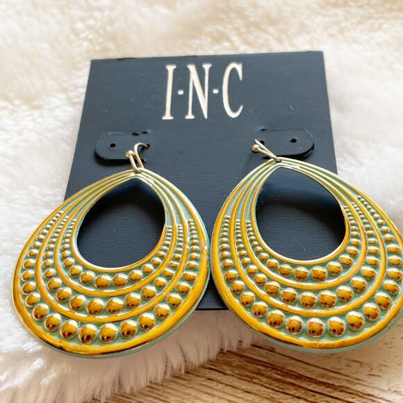 INC Oval Textured Drop Earrings Gold Tone Turquoise New - Picture 3 of 6